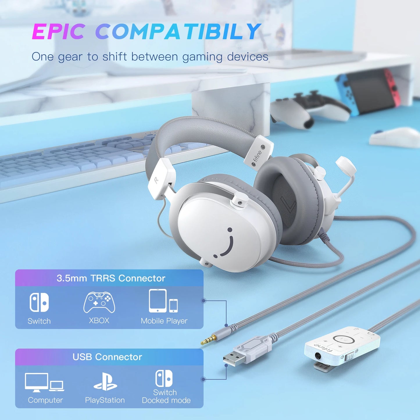 FIFINE Ampligame H9W White Gaming Headset | 7.1 Surround Sound & Dual 3.5mm/USB