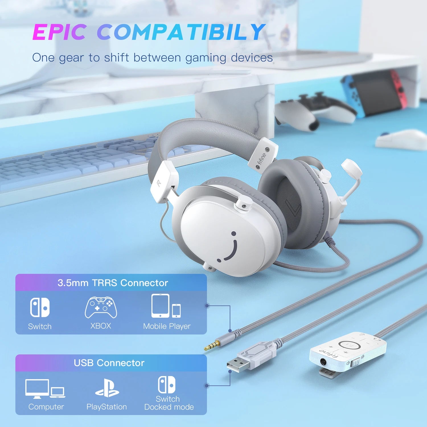 FIFINE Ampligame H9W White Gaming Headset | 7.1 Surround Sound & Dual 3.5mm/USB