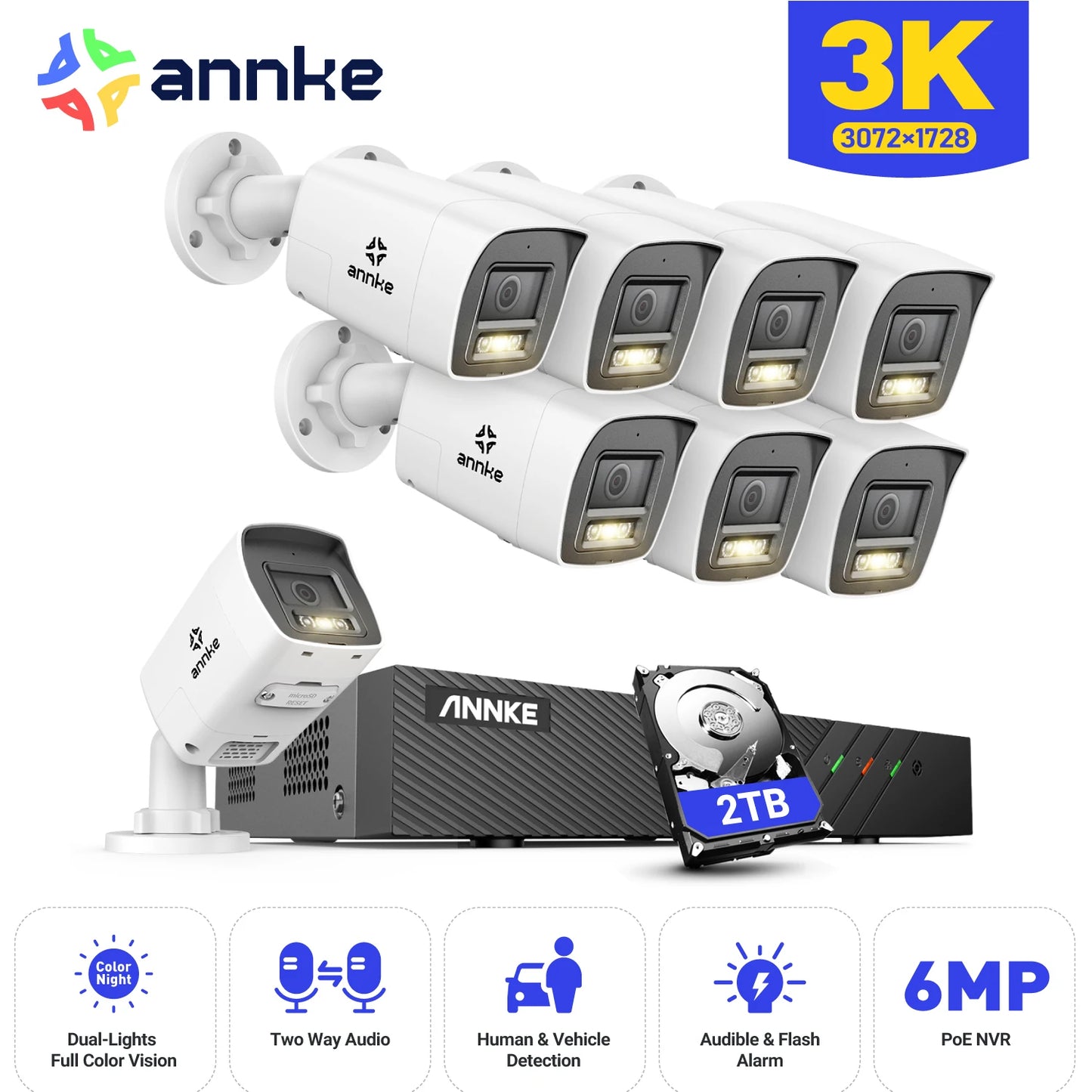 ANNKE H500 3K PoE CCTV System | 8CH NVR, Dual‑Light 5MP Cameras, Two‑Way Audio