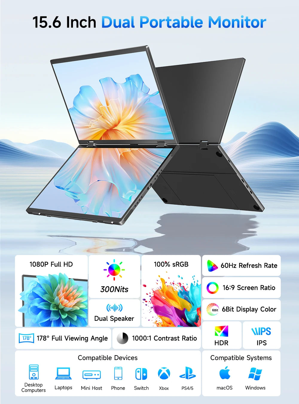 UPERFECT 15.6" Portable Dual Monitor - 1080P FHD IPS Folding Laptop Screen Extender with USB-C Plug & Play for Gaming and Travel - Limetastore