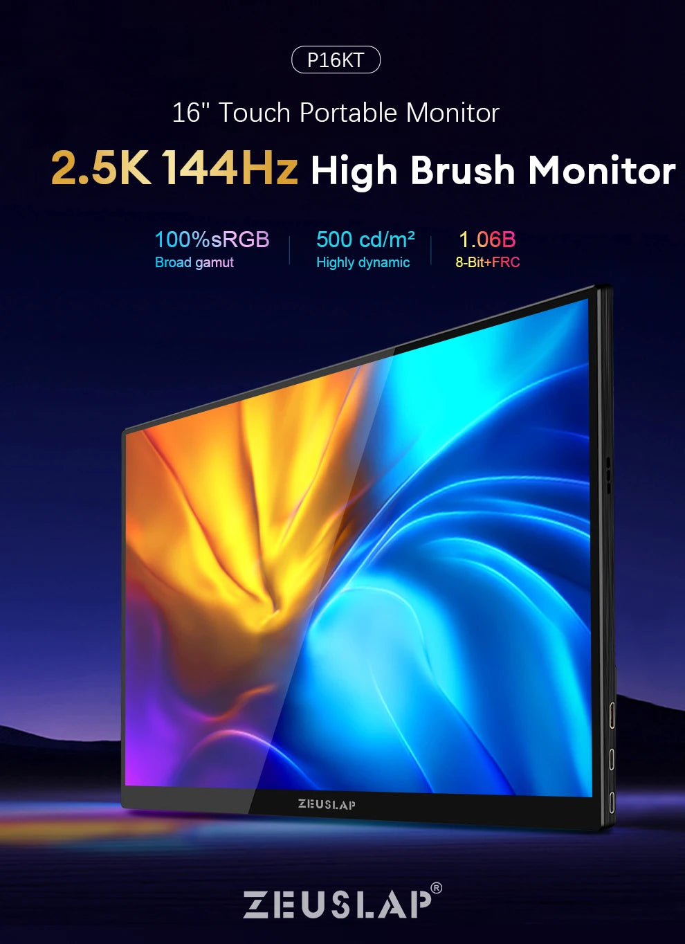 ZEUSLAP 16" 2.5K 144Hz Prenosni monitor na dotik | 2560×1600, 100 % sRGB, 500 nitov