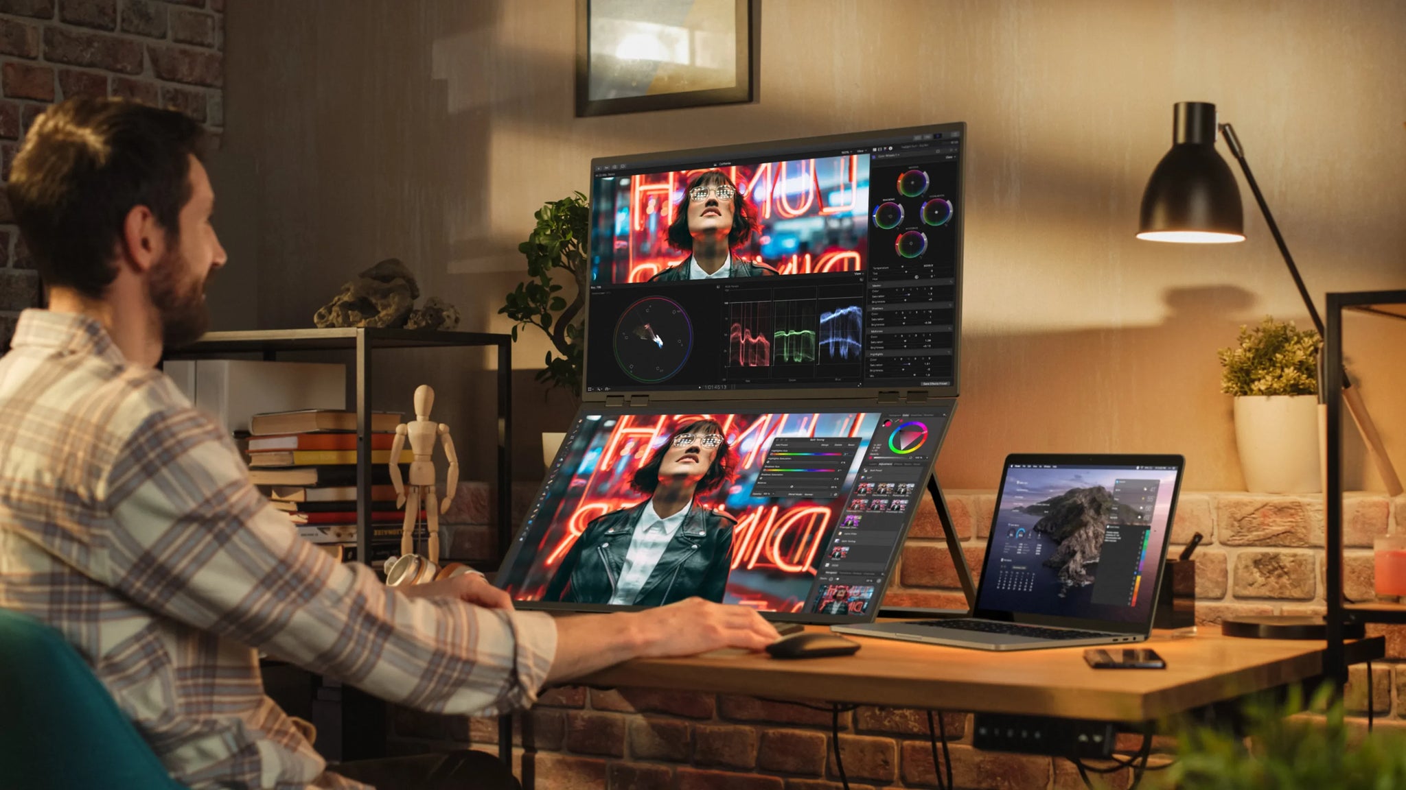 23.8" 100Hz Dual Screen Stacked Computer Monitor 1080P HDR 360° Folding Triple Portable Display for Laptop PC Phone Game Console - Limetastore