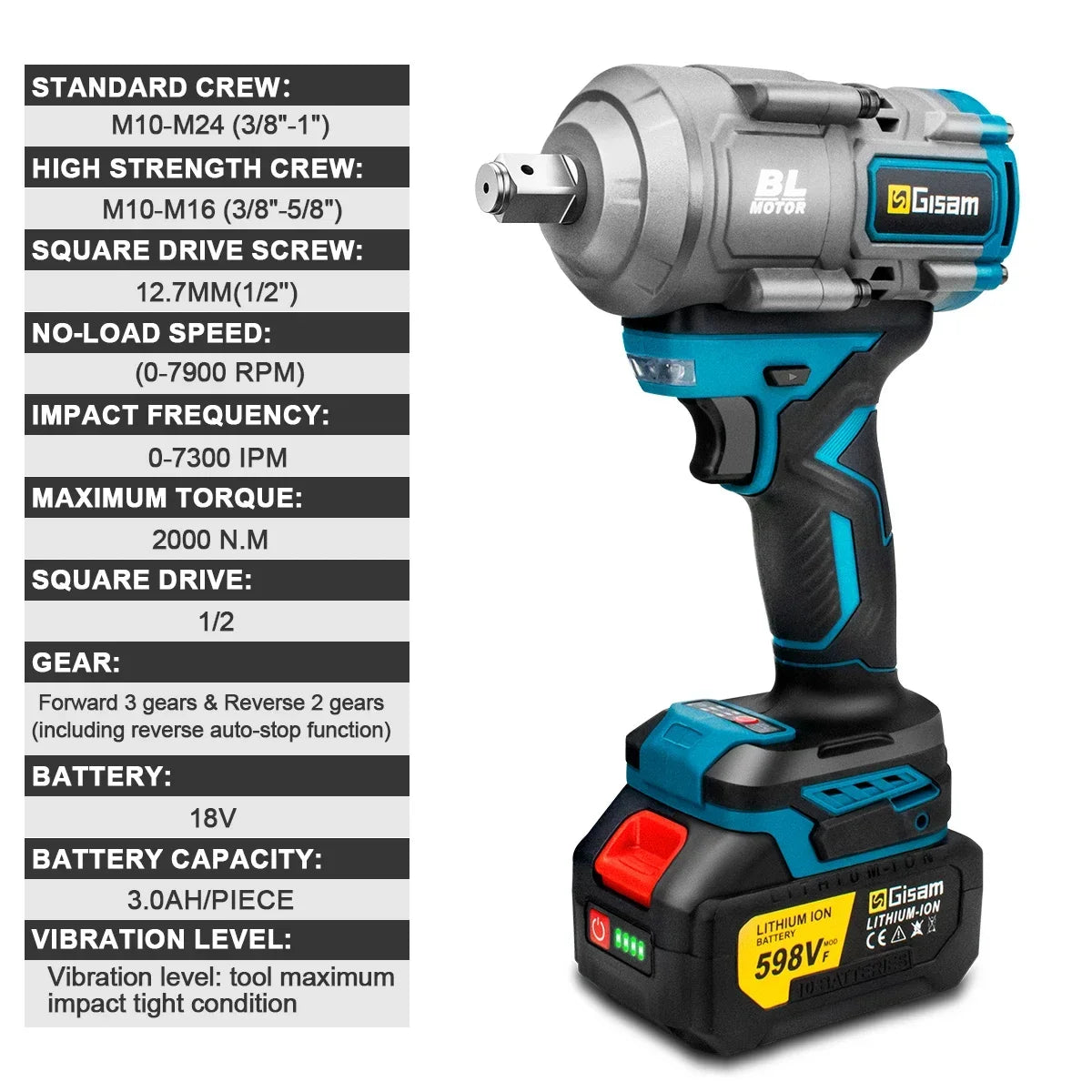 Gisam 2000N.m Brushless Impact Wrench 1/2"