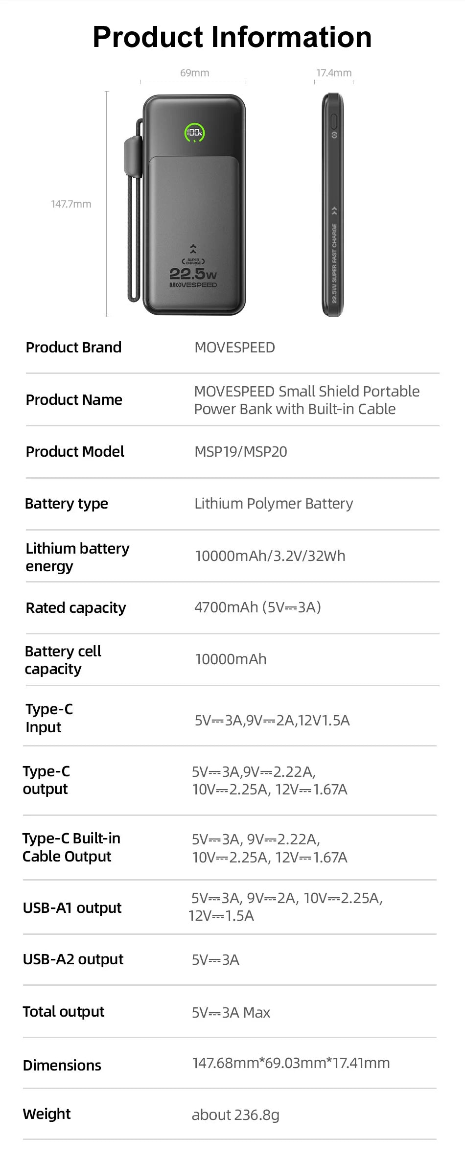 MOVESPEED P19 Power Bank 10000mAh with Built-in USB-C Cable