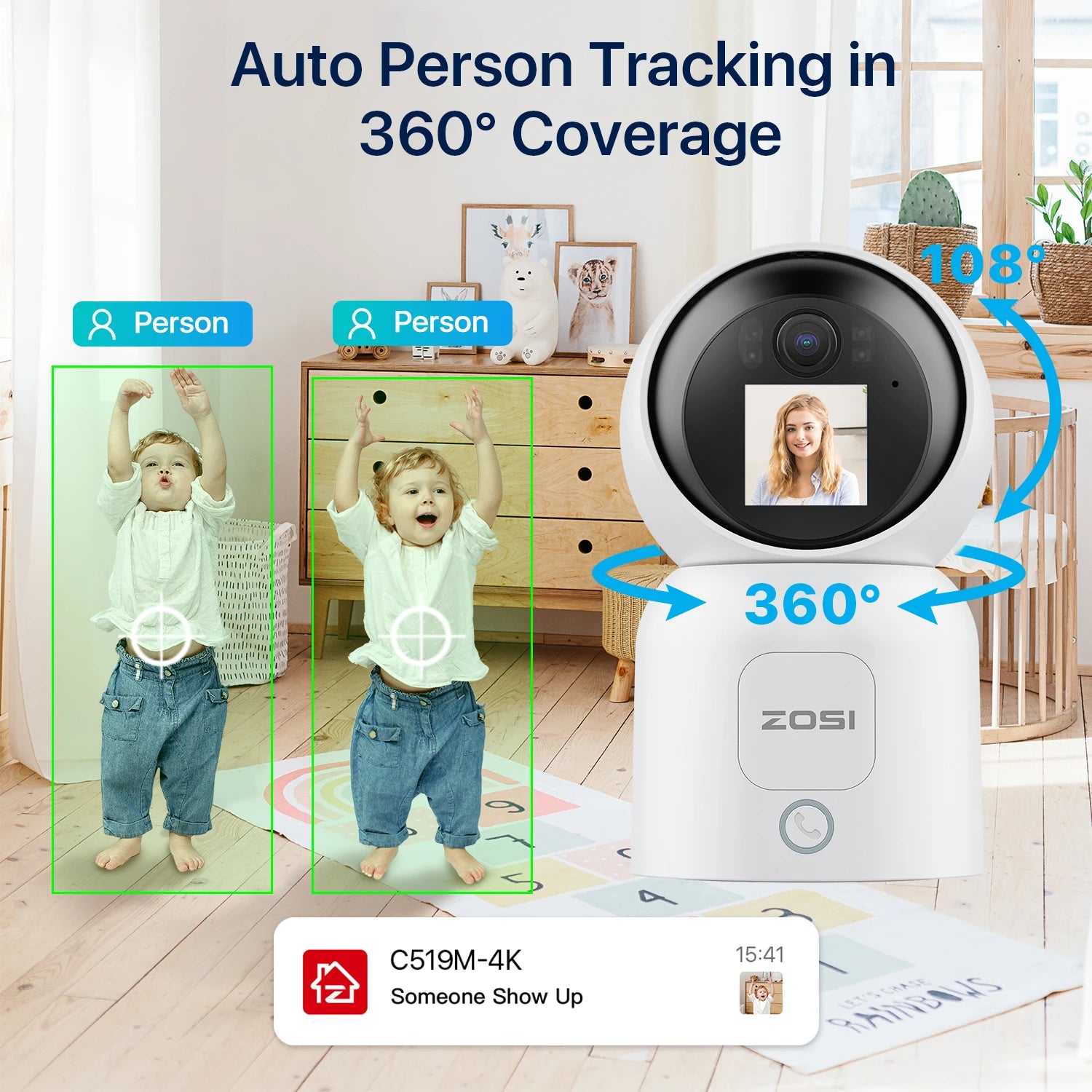 ZOSI C519M 4MP/5MP/4K WiFi Security Camera – 2.4/5GHz Indoor Home Cam with 360° View