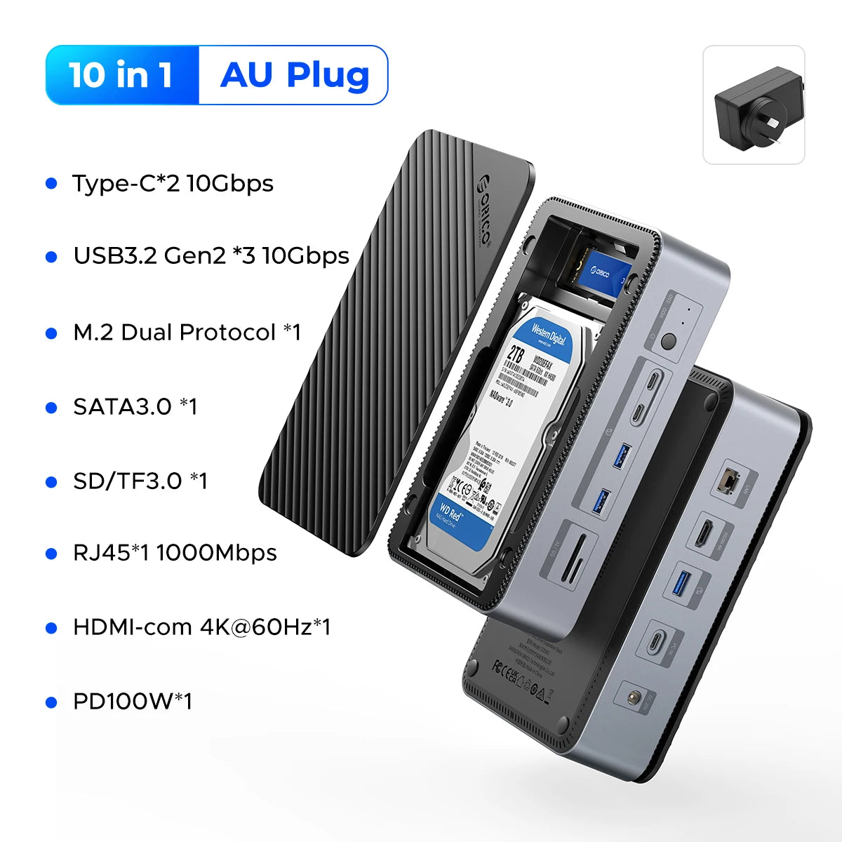 ORICO 10‑in‑1 Docking Station Deck with Dual M.2 NVMe SSD Enclosure, 3.5" Hard Drive Bay