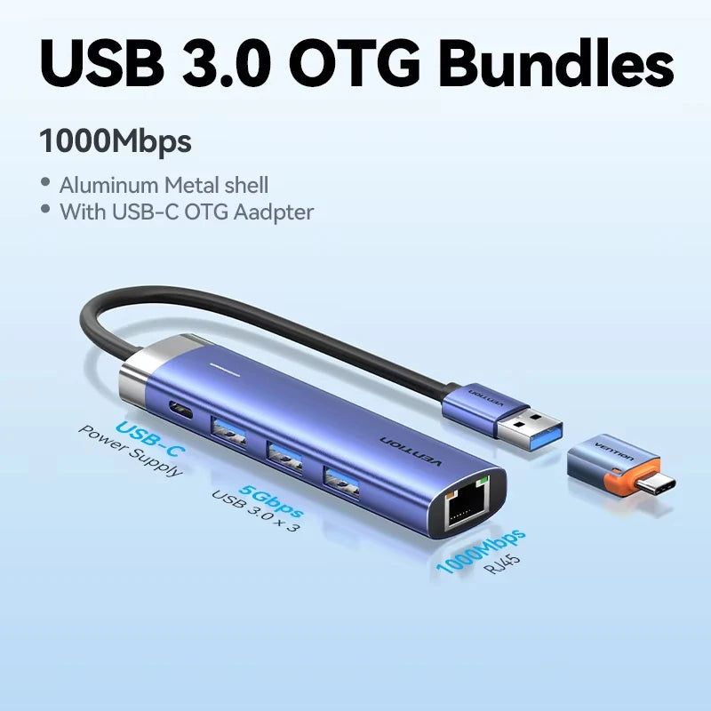 Vention USB 3.0 Ethernet HUB | Gigabit RJ45 1000Mbps Adapter with USB Expansion