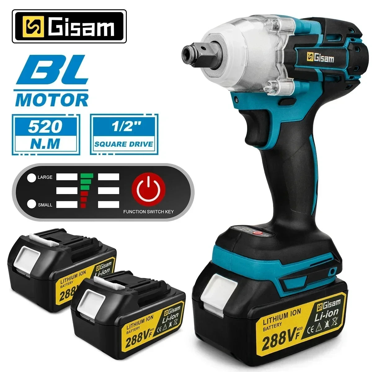 Gisam 520N.m Brushless Impact Wrench 1/2" for Makita 18V