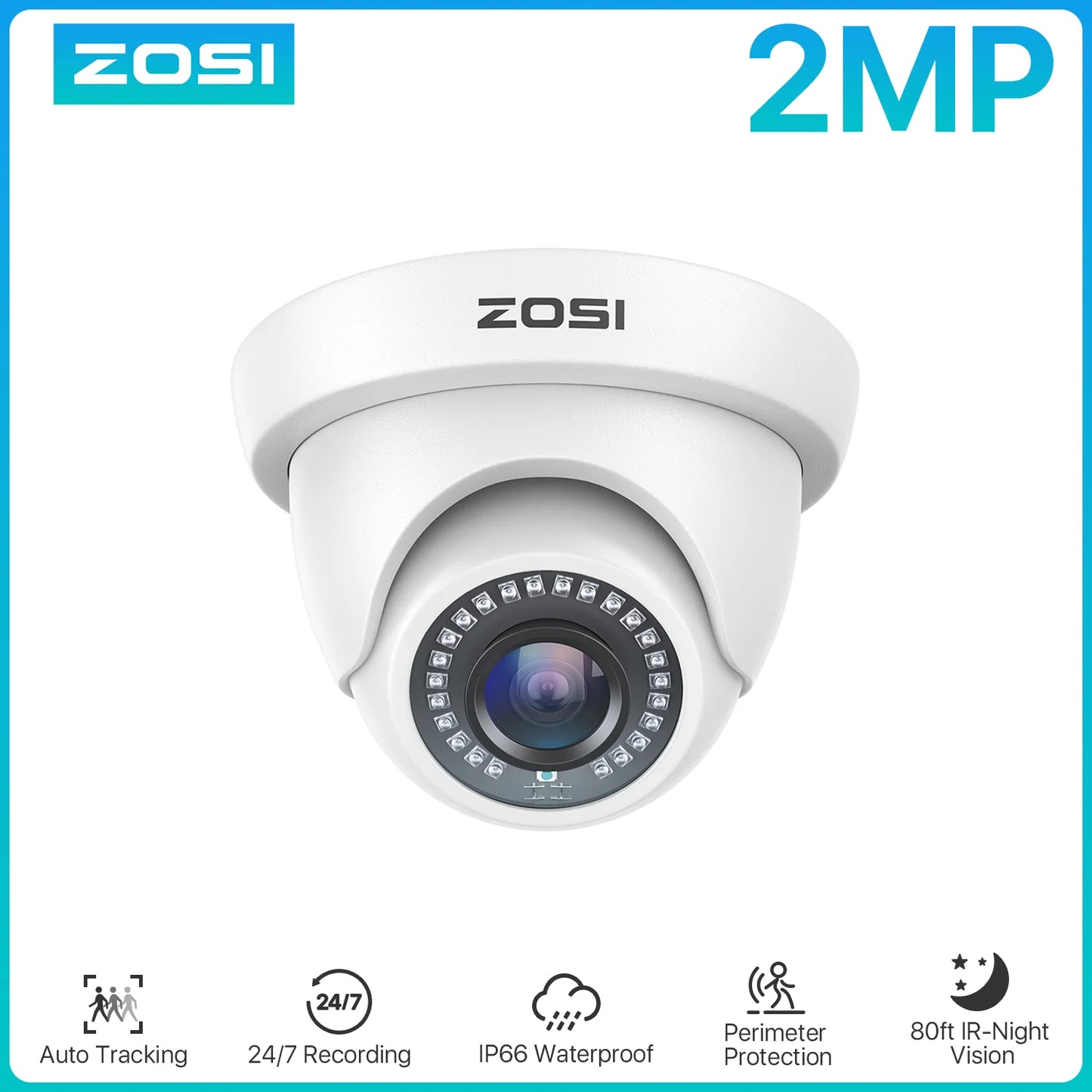 ZOSI 1080p 2MP 4‑in‑1 Dome Security Camera – TVI/CVI/AHD/CVBS Hybrid CCTV with IR