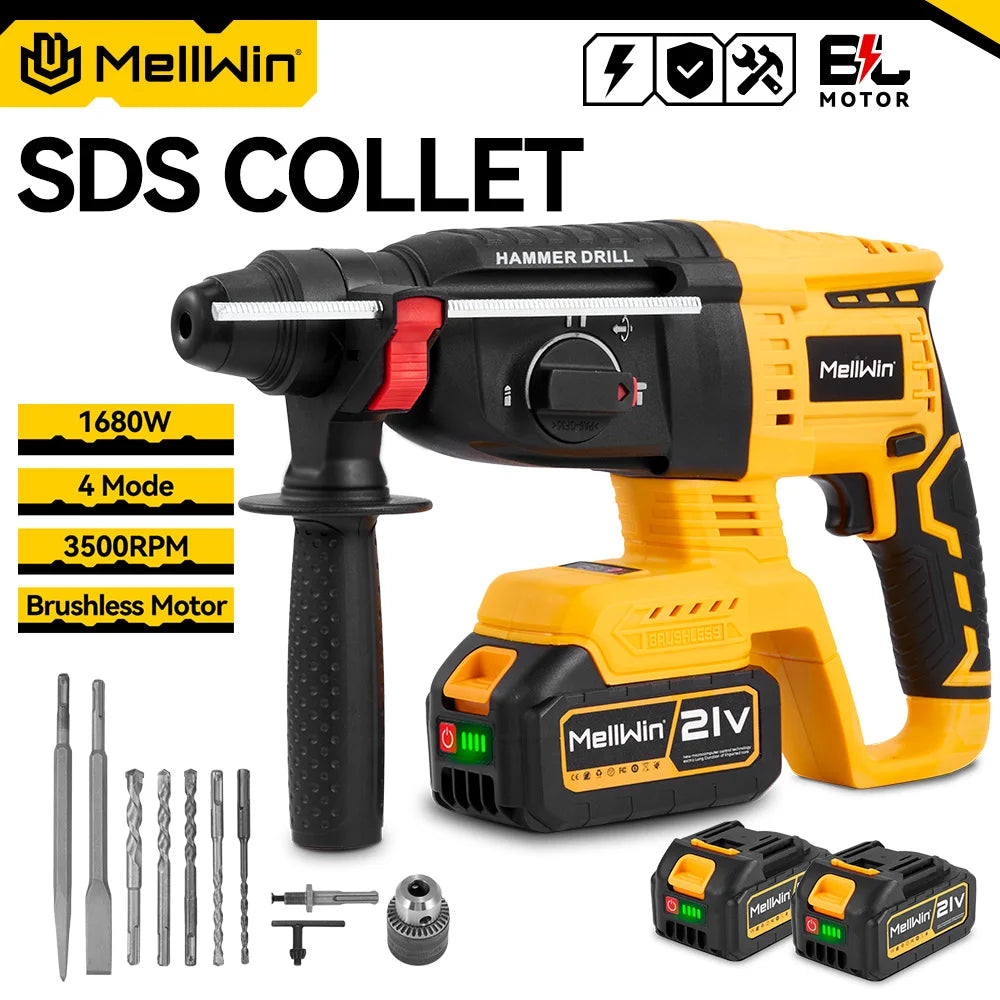 MELLWIN 3 in 1 Brushless Electric Hammer Drill Multifunction Impact Hammer for Steel Concrete Wood For Makita 18V Battery Pin - Limetastore