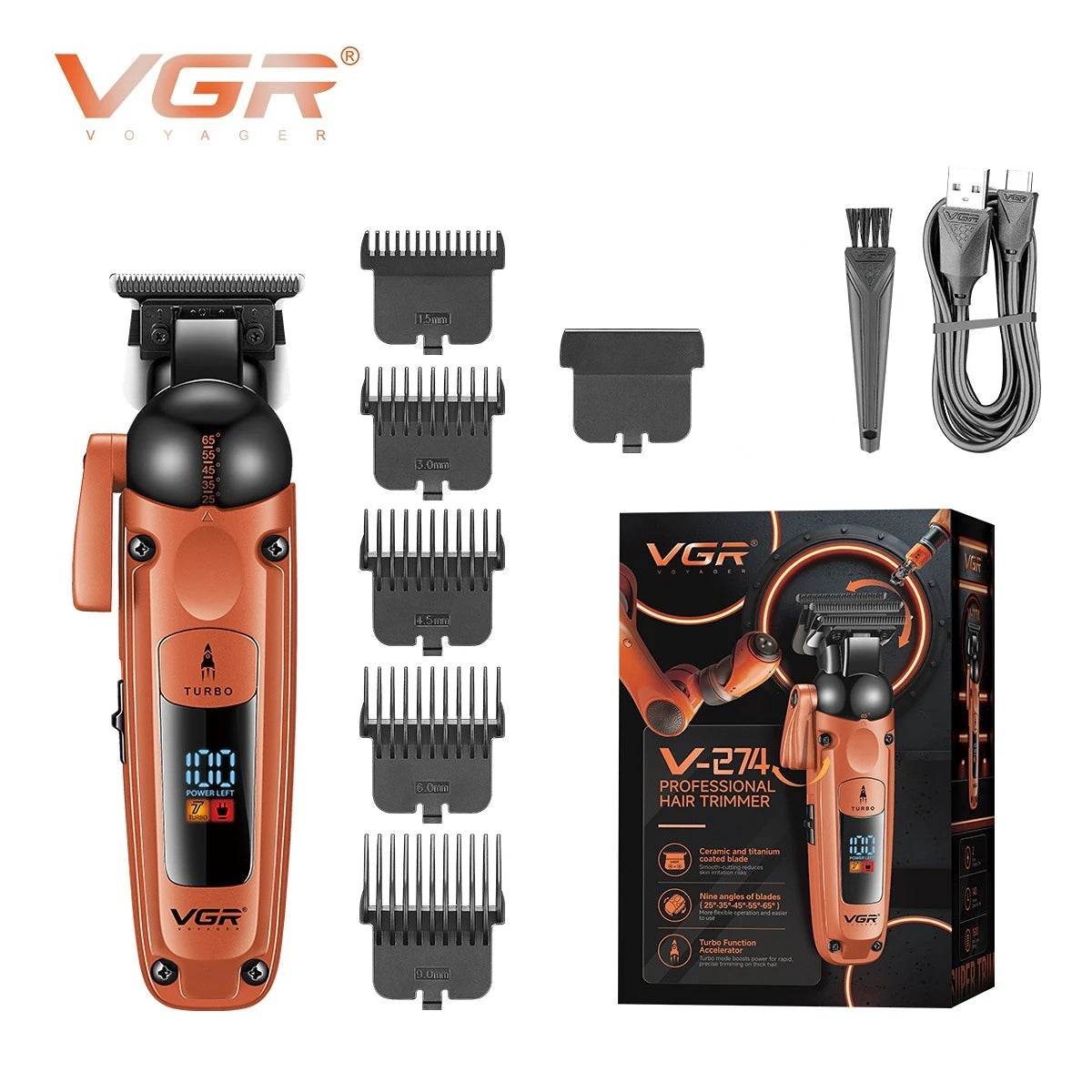 VGR Hair Trimmer Professional Hair Cutting Machine Cordless Hair Clipper Barber Adjustable Haircut LED Trimmer for Men V-274