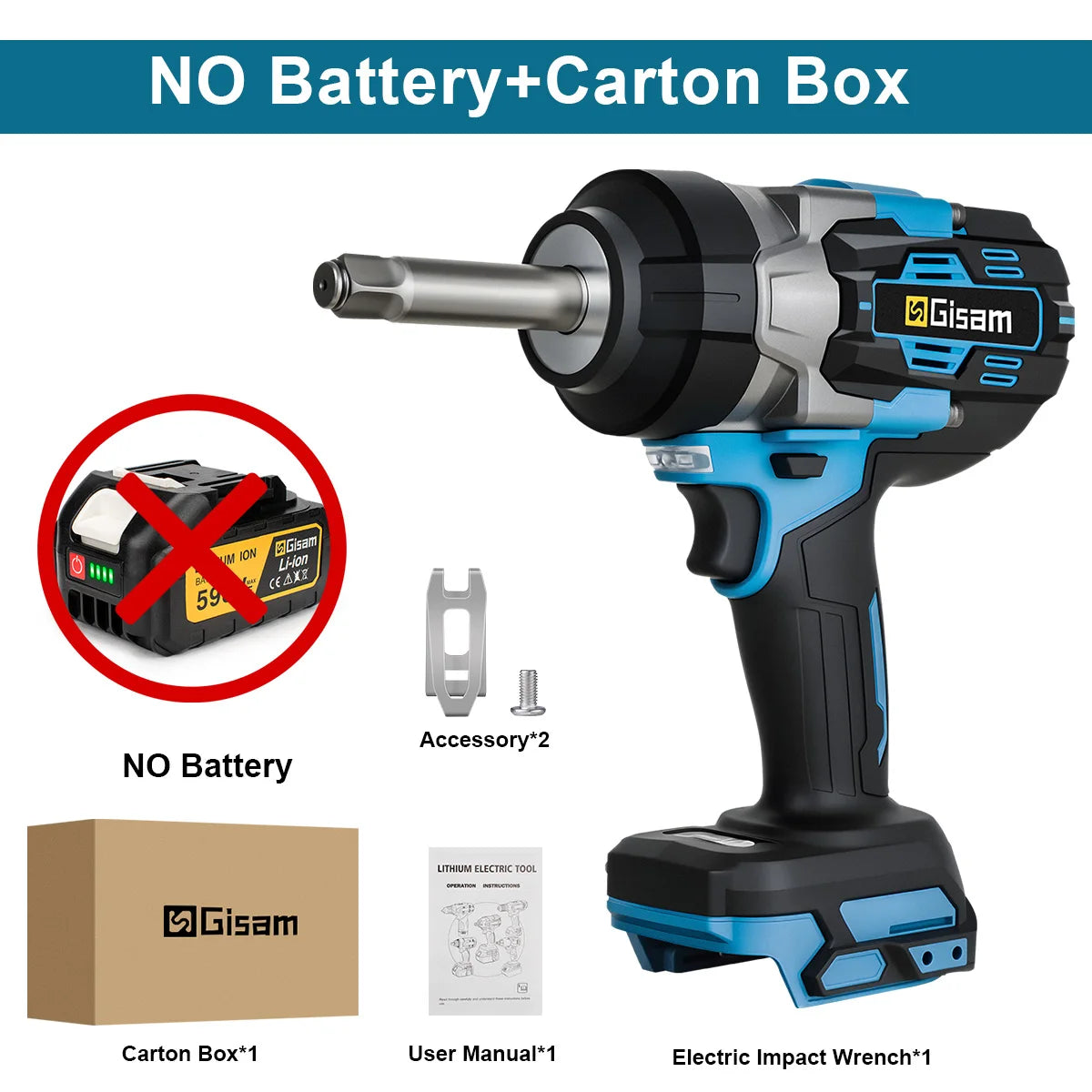 Gisam 2800N.m Brushless Extended Anvil Impact Wrench 1/2"
