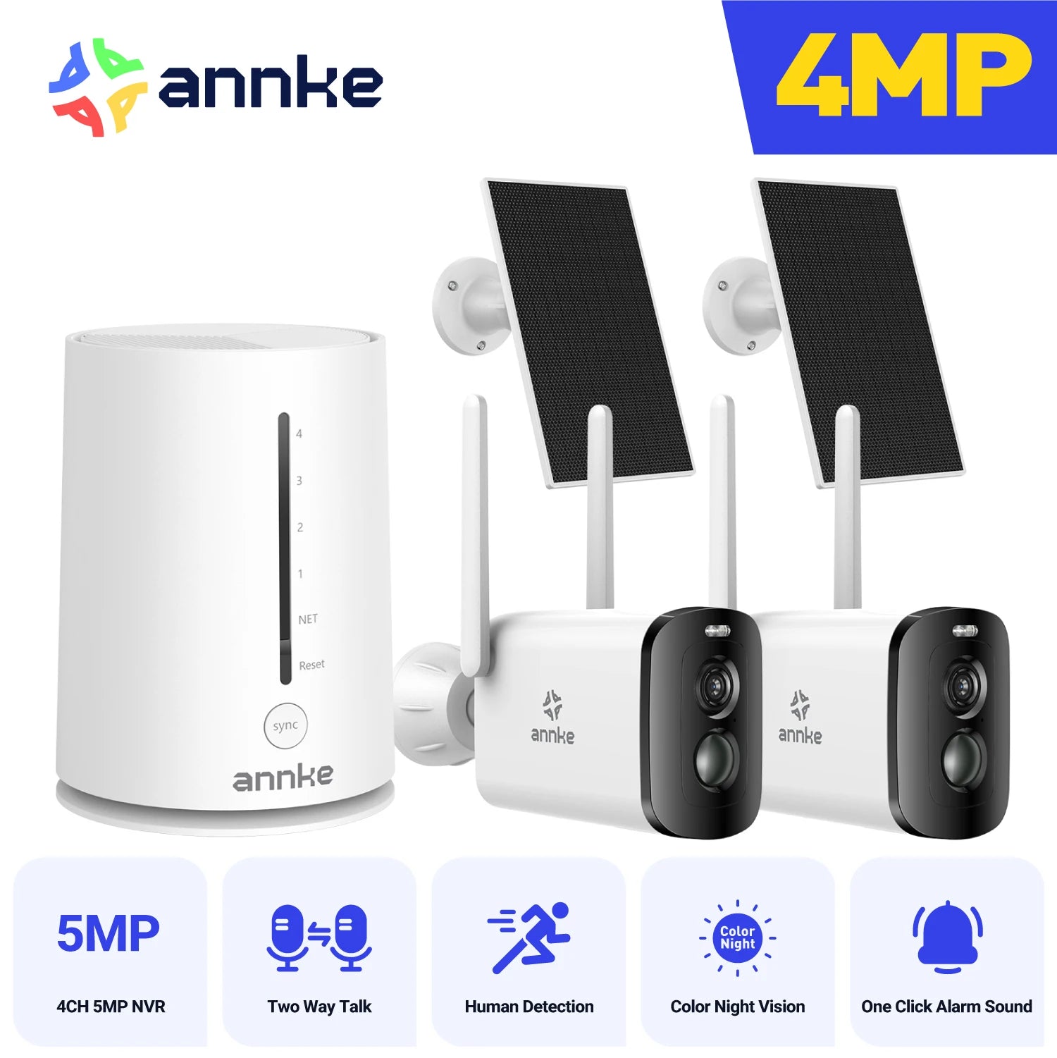 ANNKE 4MP Solar Wireless Camera System | 4CH NVR, Color Night Vision, Dual‑Band WiFi