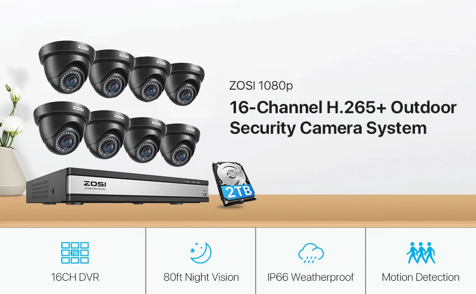 ZOSI 16CH 1080p Wired Security Camera System – H.265+ DVR with Human & Vehicle Detection