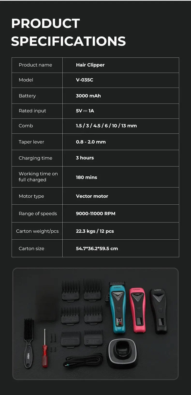 VGR Hair Trimmer Professional Hair Cutting Machine Cordless Barber Clipper Vector Motor Haircut Electric Trimmer for Men V-035C