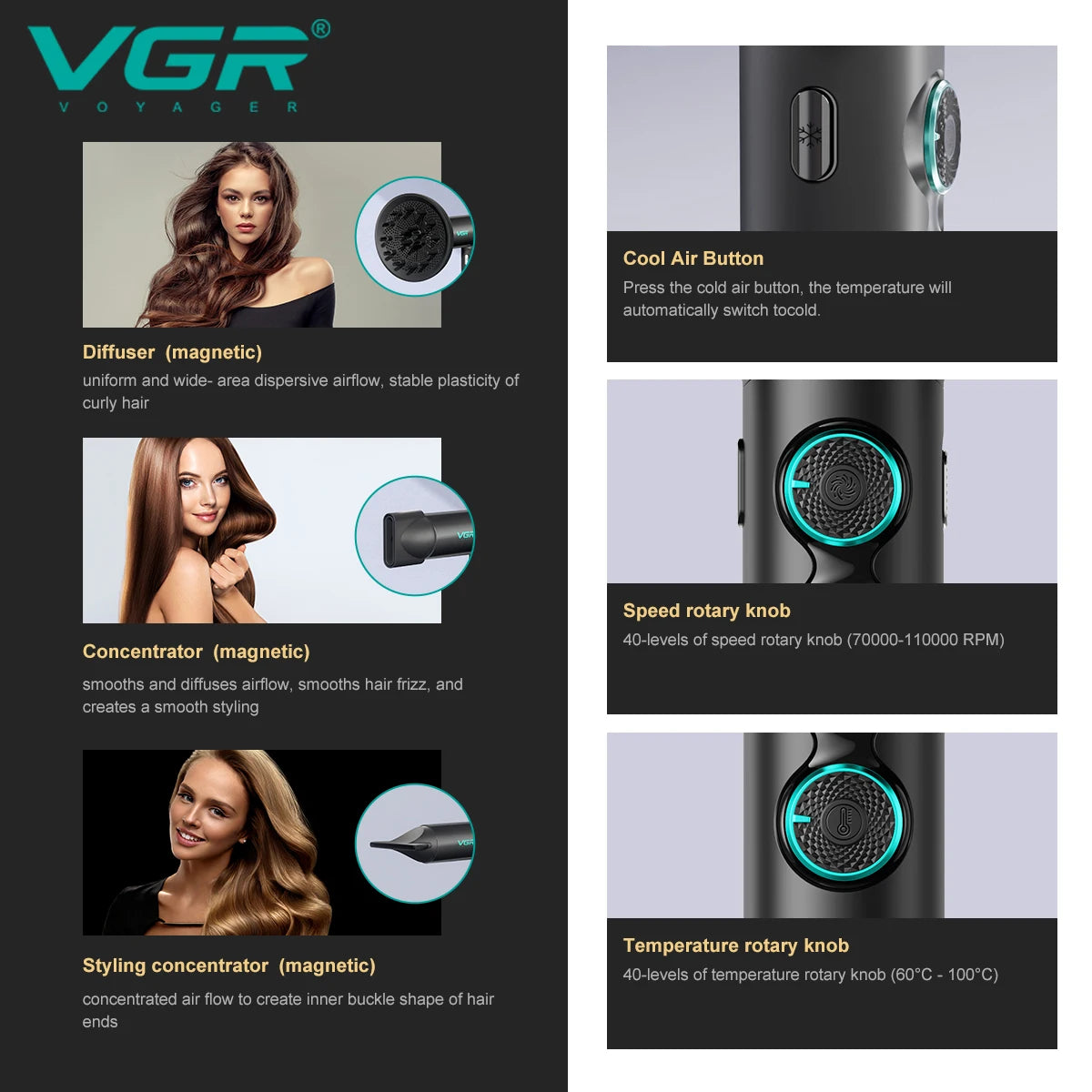 VGR Hair Dryers Professional Hair Dryer Machine Negative Ion 110000 RPM Air Blower Barber Salon BLDC Motor Home Appliance V-401