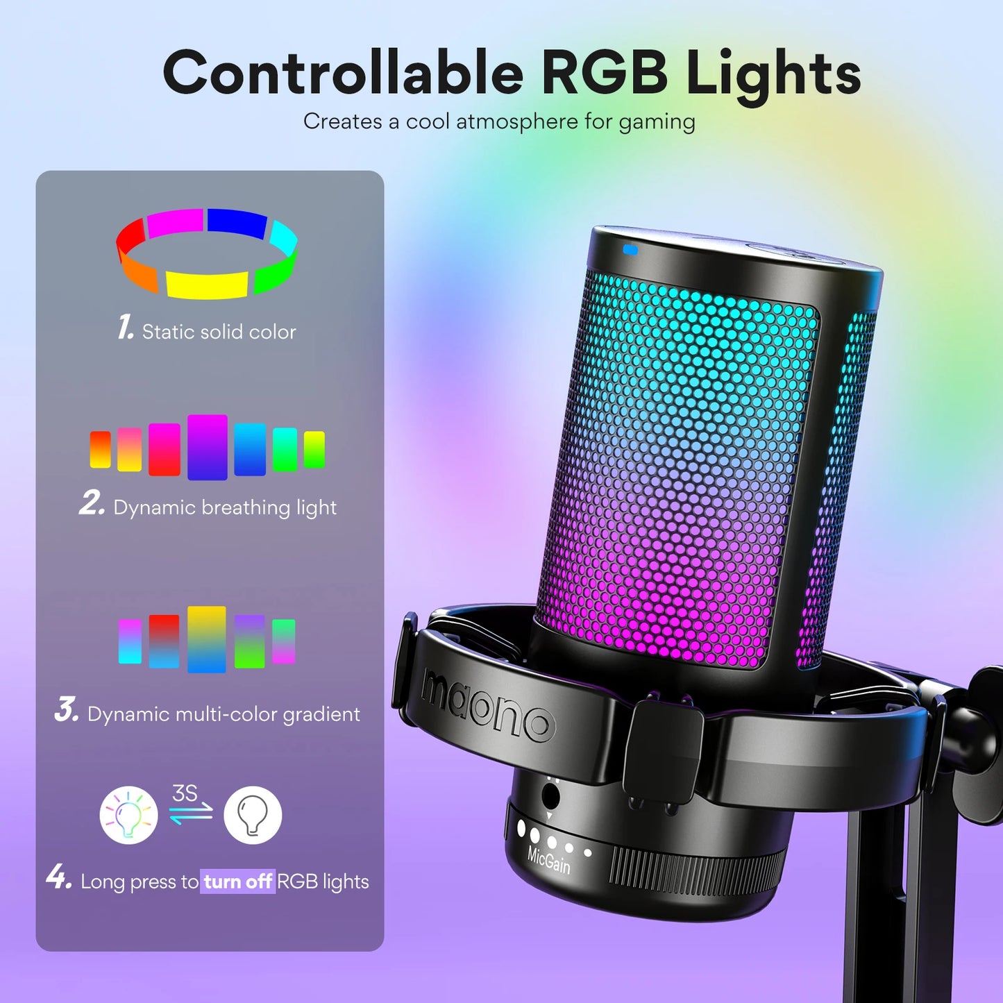 Maono DGM20 – USB Gaming Condenser Microphone | RGB Mic with Noise‑Reduction Software, Gain Control & One‑Key Mute for Streaming & Recording