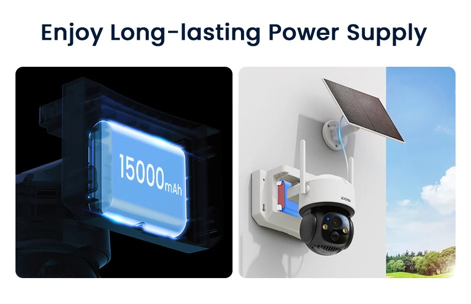 ZOSI 4MP 4G/WiFi Outdoor Battery Security Camera – Solar‑Powered 15000mAh Waterproof Smart Cam
