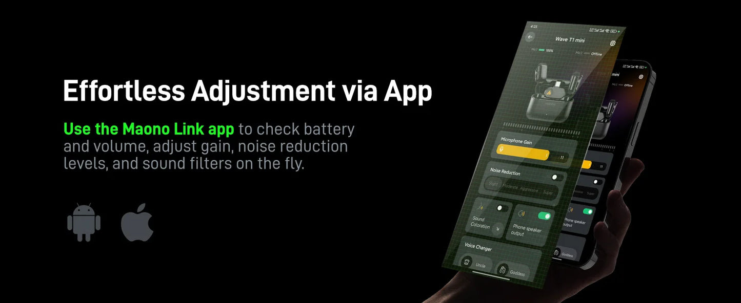 Maono Wave T1 mini – Wireless Lavalier Microphone | AI Noise Cancellation, Auto‑Clipping & App Control for iPhone, Android & PC Video Recording