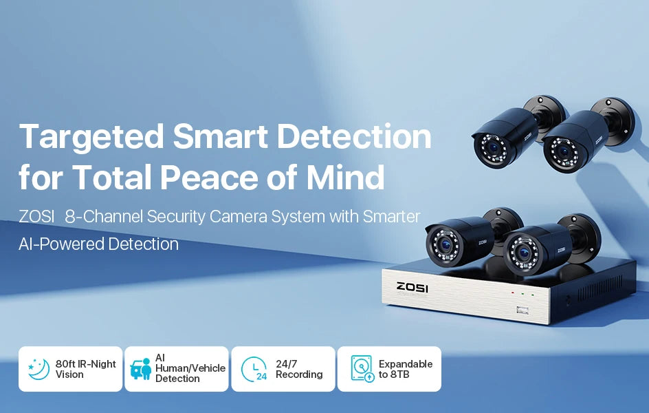 ZOSI 8CH 1080P CCTV Security System – 5MP Lite H.265+ DVR with 2/4/6/8× 2MP Outdoor Night Vision Cameras
