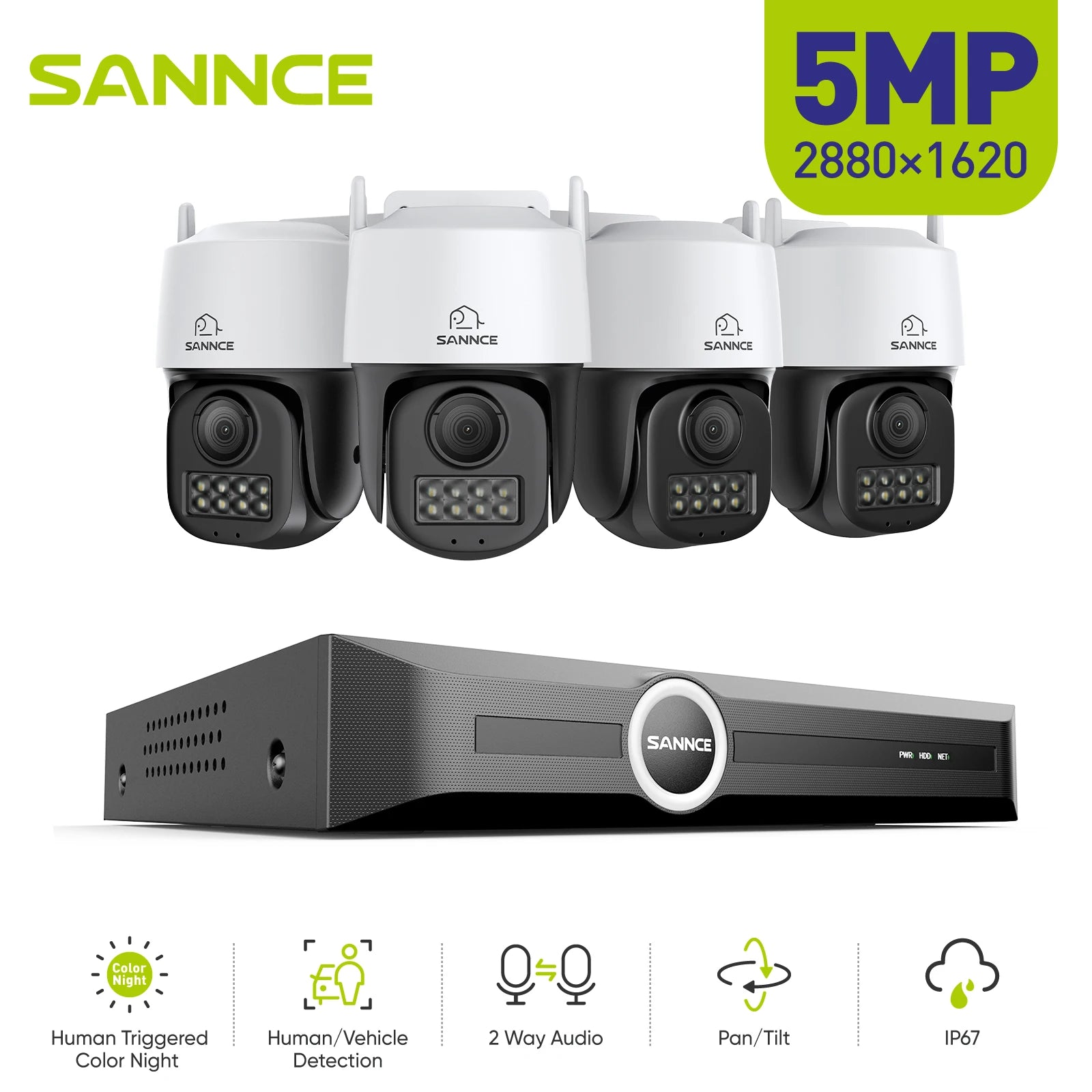 SANNCE 5MP PoE CCTV System | 4CH H.265 NVR, 5MP PT Cameras, Color Night Vision, Two‑Way Audio