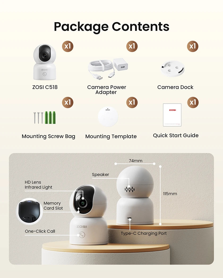 ZOSI C518 2K/4K Indoor Pan‑Tilt Smart WiFi Camera – 360° Baby & Pet Monitor with AI Human Tracking