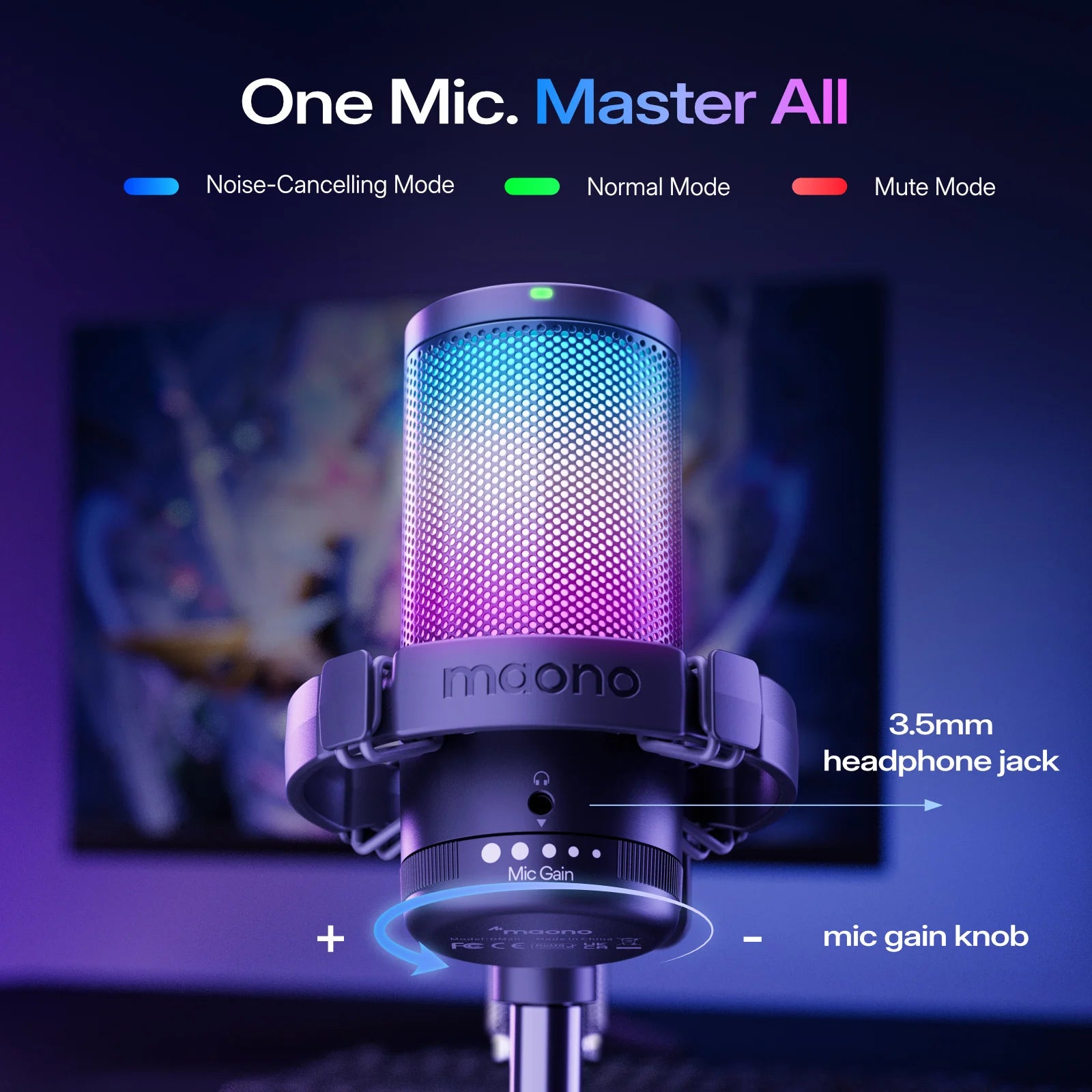 Maono DGM20S – USB Gaming Condenser Microphone | Noise Cancellation, RGB Lights, Mute & Zero‑Latency Monitoring for Streaming & Podcasting