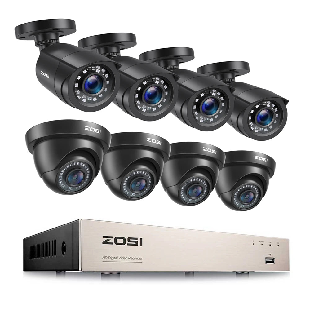 ZOSI 8CH 1080p Wired Security Camera System – H.265+ DVR Recorder with 8× 2MP Outdoor HD‑TVI CCTV Cameras