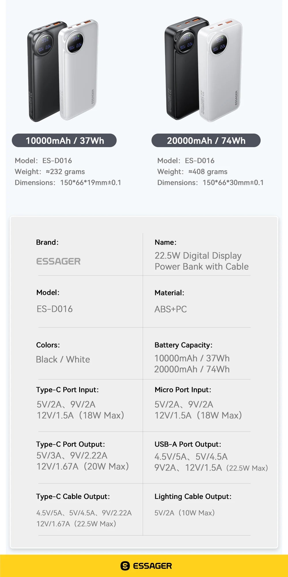 ESSAGER 30000mAh Power Bank 22.5W PD Fast Charging Portable