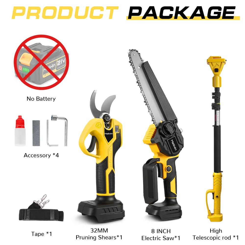 MELLWIN Brushless 4IN1 Telescoping Pole 8 Inch Chainsaw & 32MM Pruning Shears Set Garden Pruning Tool For Makita 18V Battery Pin - Limetastore