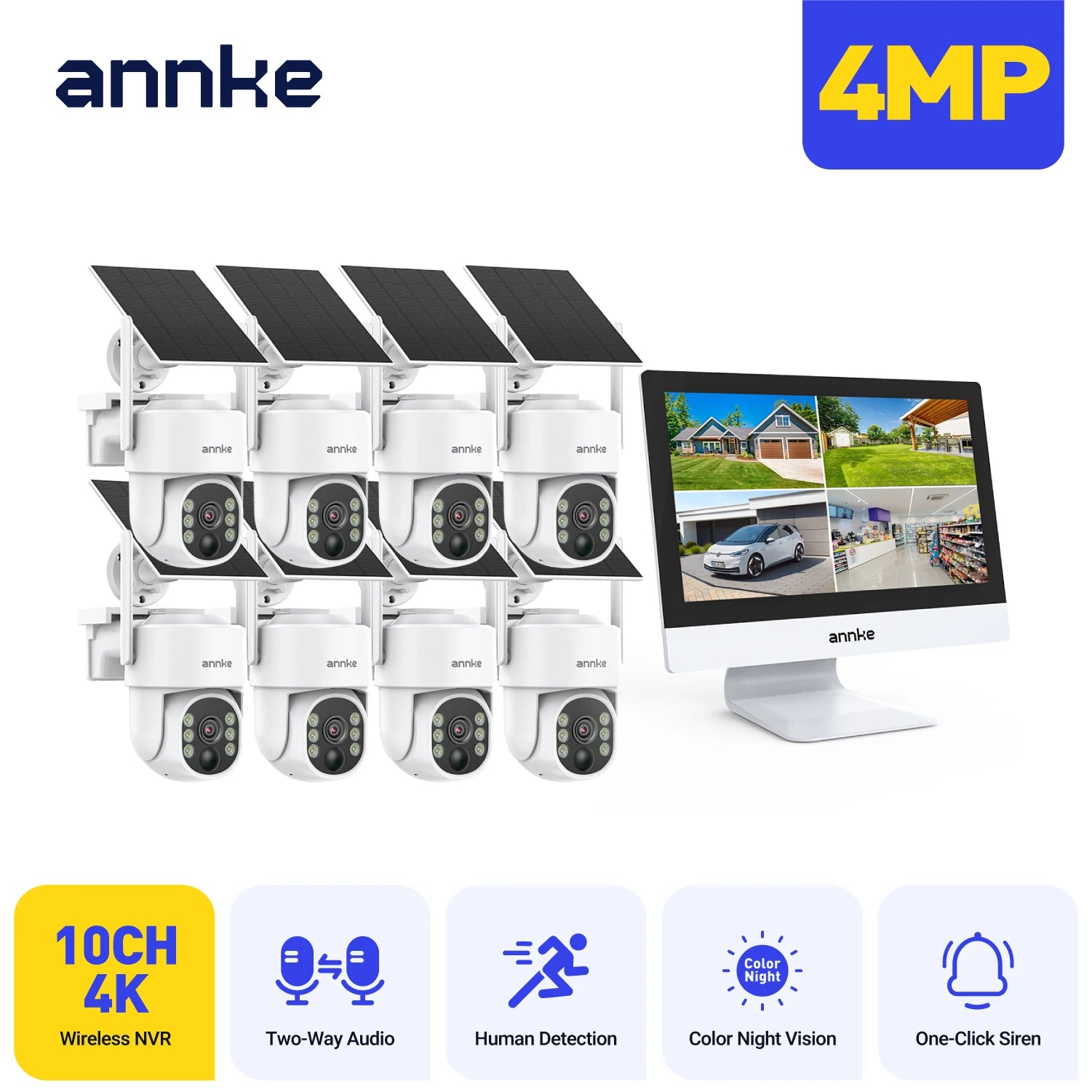 ANNKE 4MP Solar CCTV System | 10CH NVR, 5MP PTZ WiFi Cameras, PIR & Color Night Vision