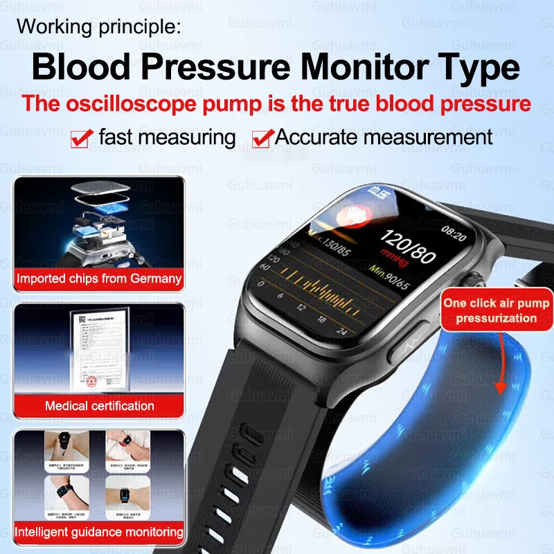 NFC Smart Watch Air Pump+Air Bag Accurate Blood Pressure Fat Health Measure BT Call Sports Tracking Sapphire Glass Smart Watch - Limetastore