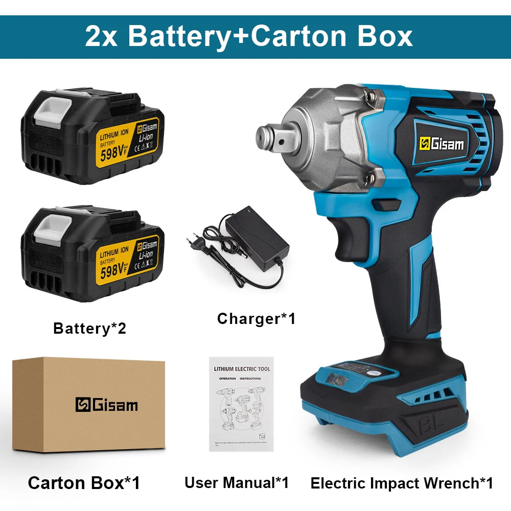 Gisam 1200N.m Torque Brushless Electric Impact Wrench 1/2 inch Cordless Wrench Screwdriver