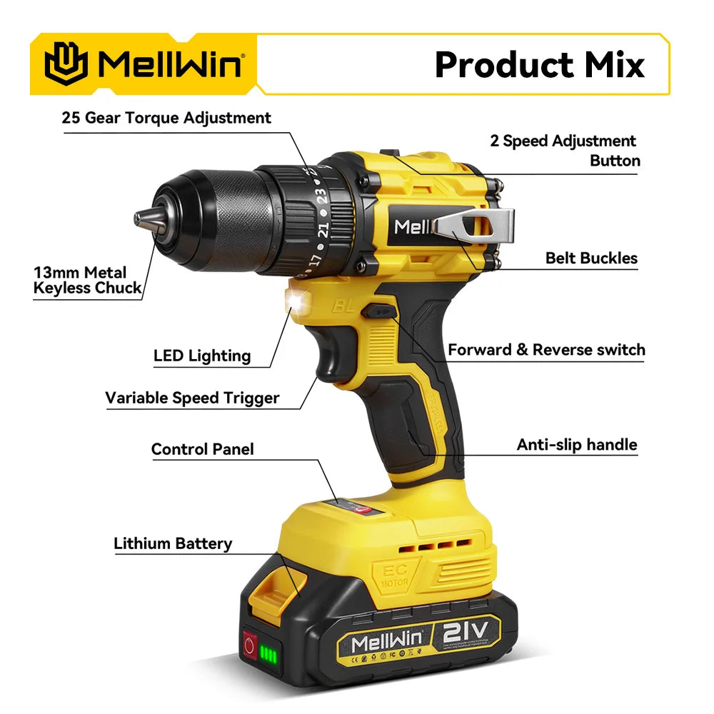 MELLWIN 480N.m Brushless Electric Impact Drill Set 3 IN 1 Cordless Multipurpose Screwdriver Tool Set For Makita 18V Battery Pin - Limetastore