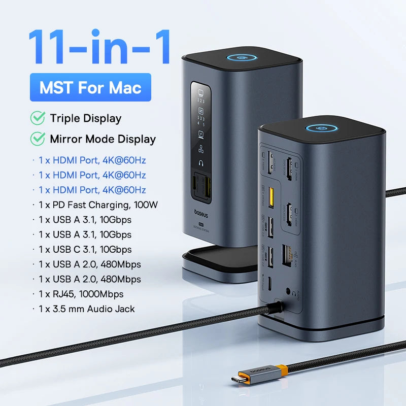 Baseus 11‑in‑1 USB‑C Hub | DP 4K@60Hz, HDMI, Triple Display, RJ45, PD 100W, USB 3.1 Docking Station
