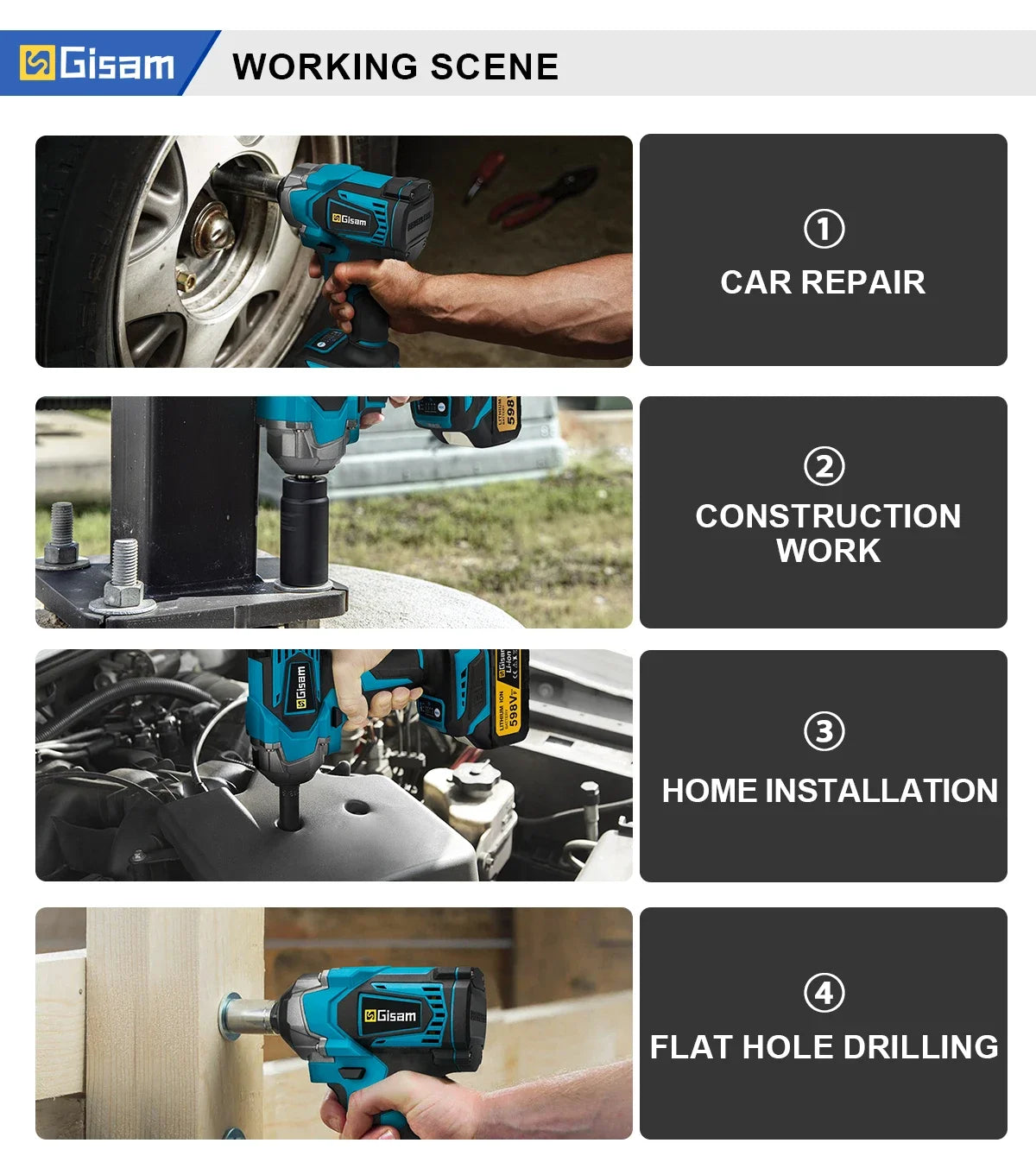 Gisam 1200N.m Brushless Impact Wrench 1/2" for Makita 18V