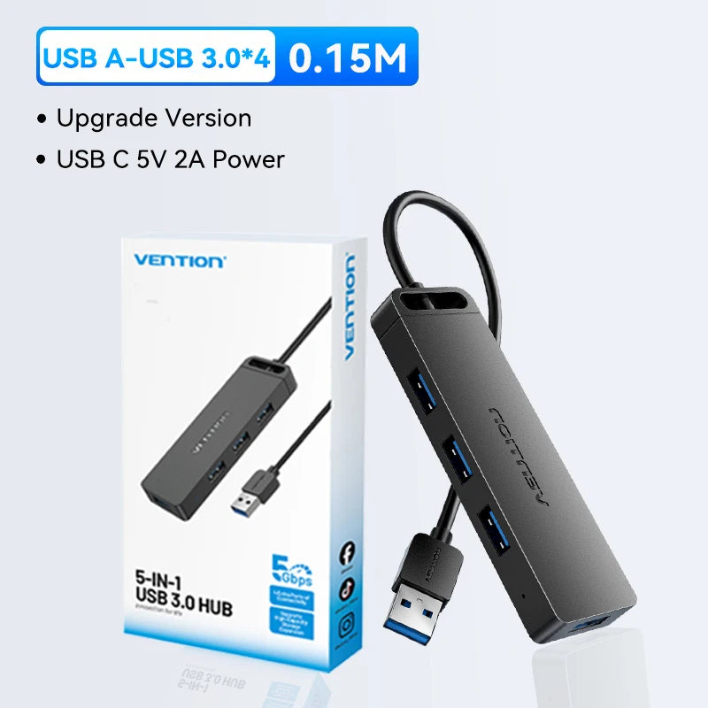 Vention USB 3.0 Hub 4‑Port | 5Gbps High‑Speed Multiport Splitter for Laptop & Desktop
