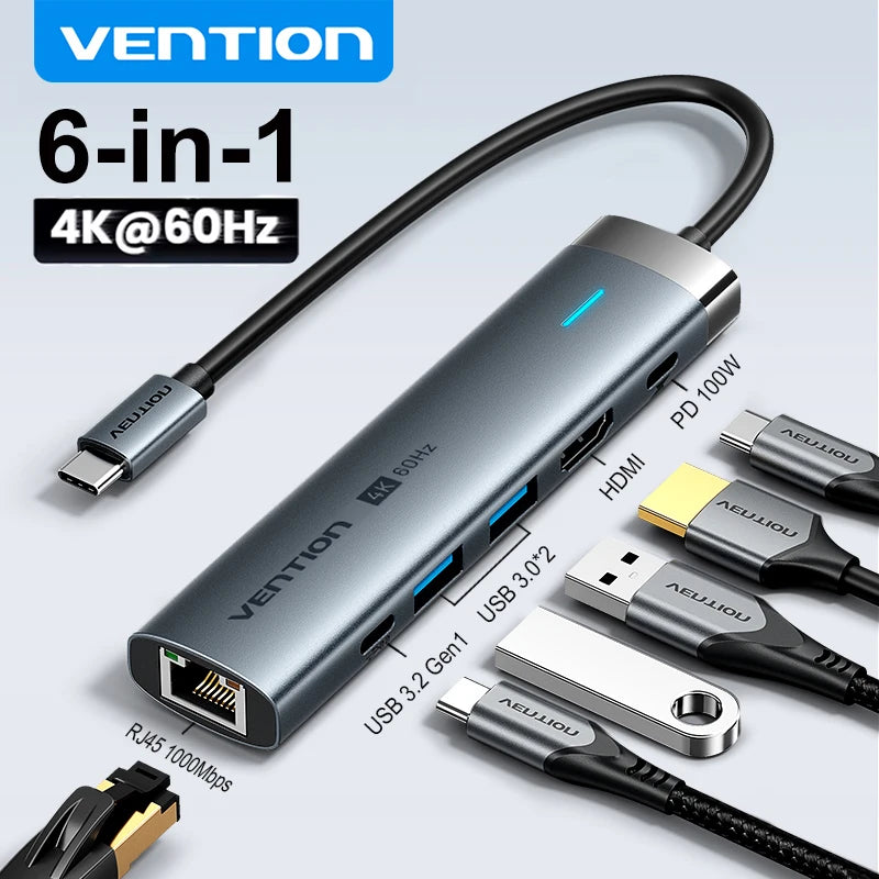 Vention USB‑C 6‑in‑1 Hub | HDMI 4K, PD 100W, RJ45, USB 3.0 Docking Station