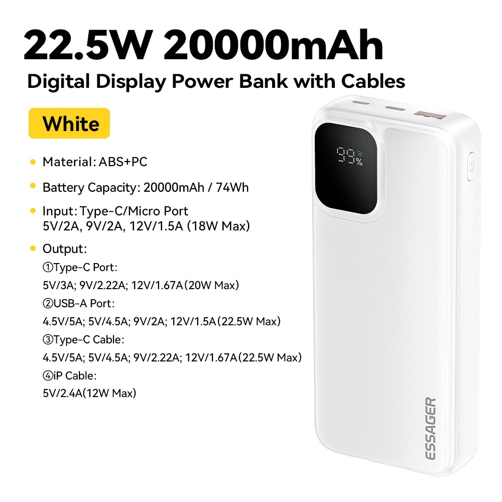 ESSAGER 20000mAh Power Bank with Two Built-in Cables 22.5W PD