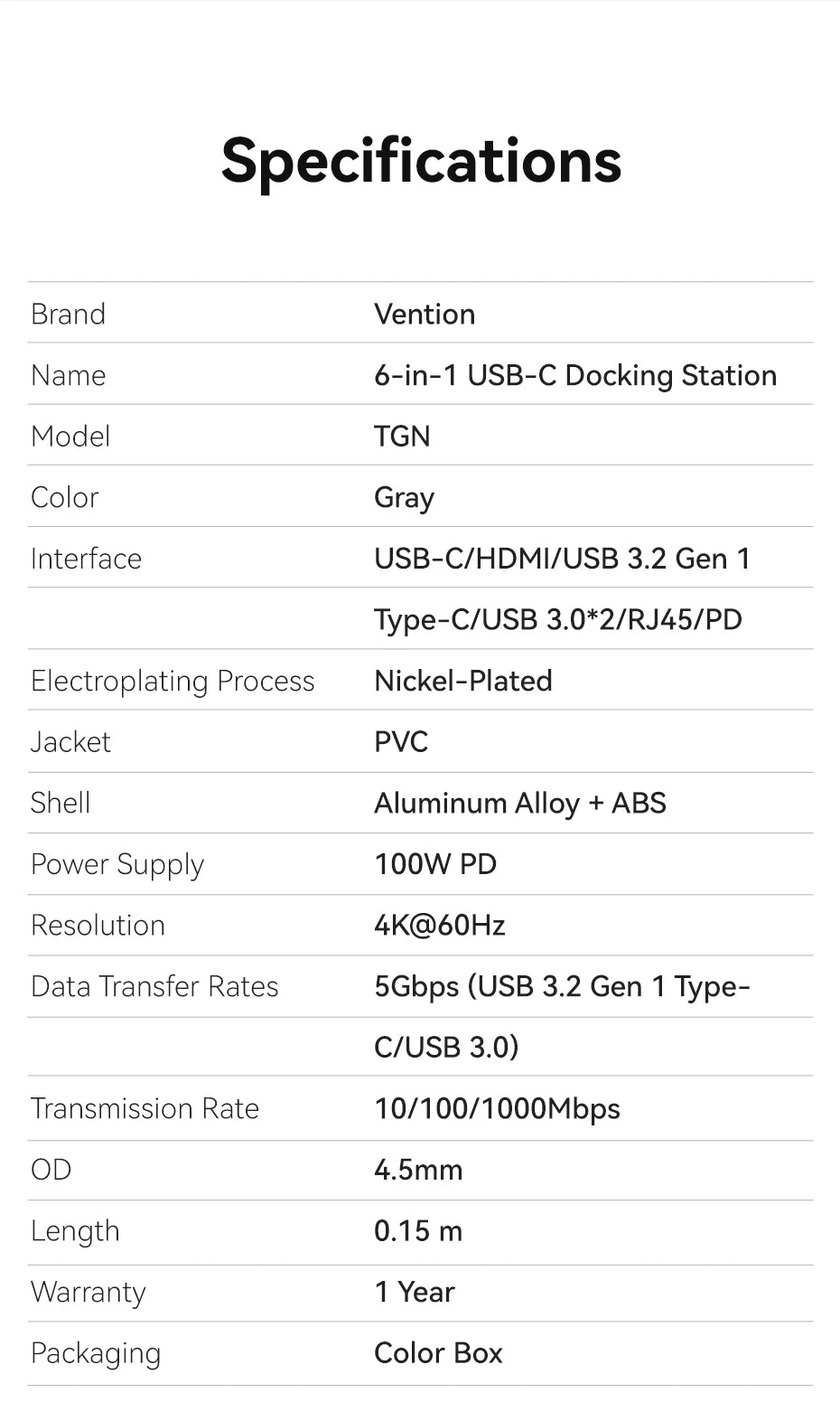 Vention USB‑C 6‑in‑1 Hub | HDMI 4K, PD 100W, RJ45, USB 3.0 Docking Station