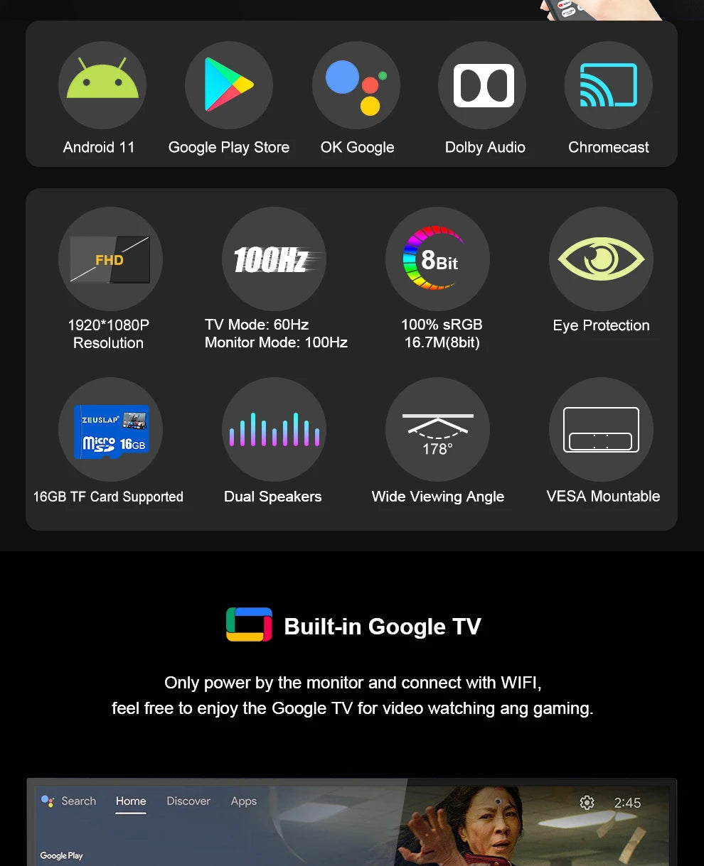 ZEUSLAP 18,5" pametni prenosni zaslon | Google TV, zaslon na dotik, USB‑C in HDMI