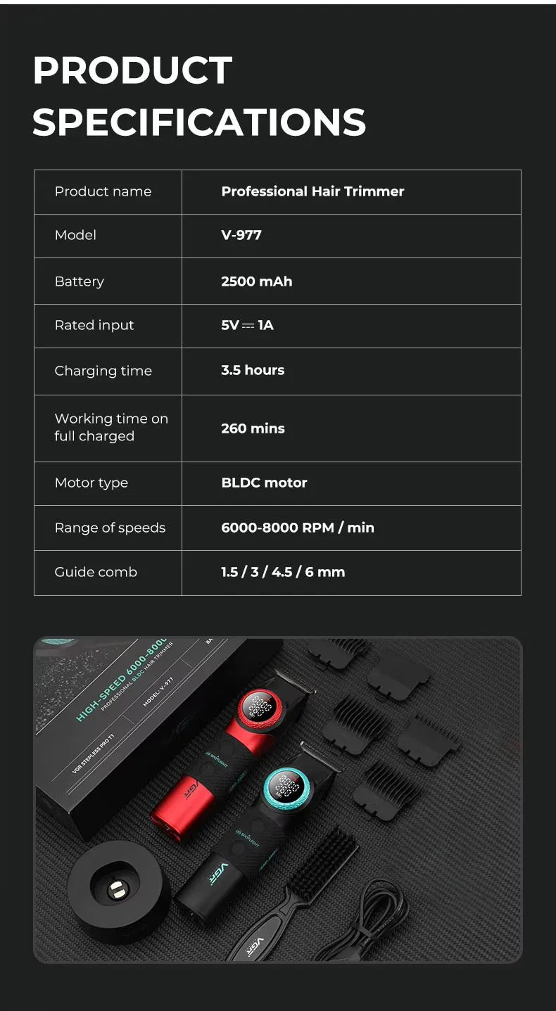 VGR Hair Trimmer Professional Hair Cutting Machine Electric Hair Clipper BLDC Motor Cordless Barber LED Trimmer for Men V-977
