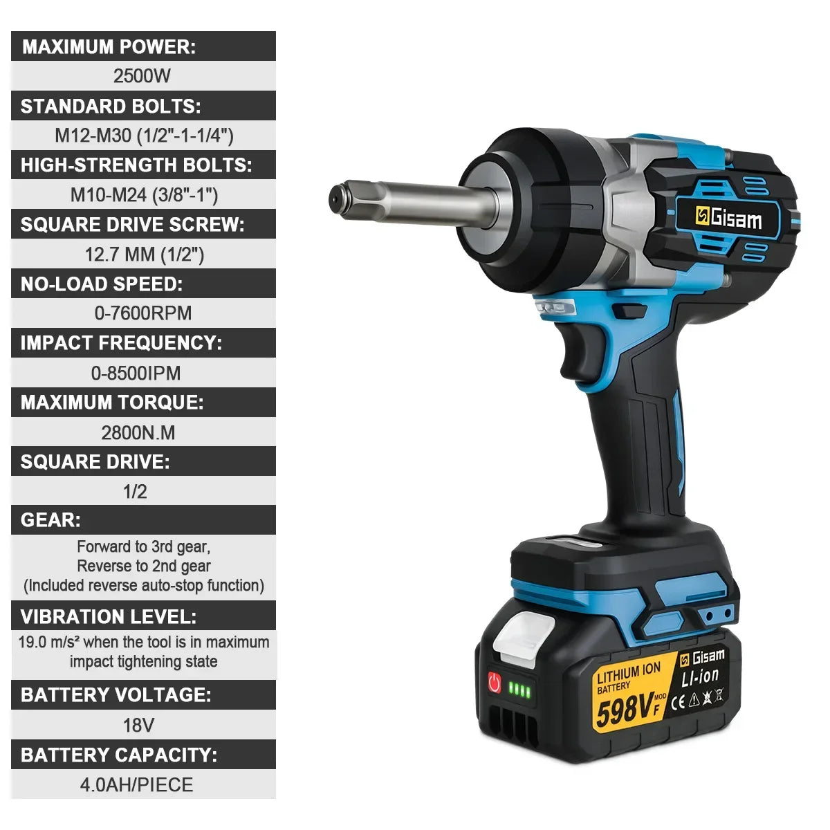 Gisam 2800N.m Brushless Extended Anvil Impact Wrench 1/2"