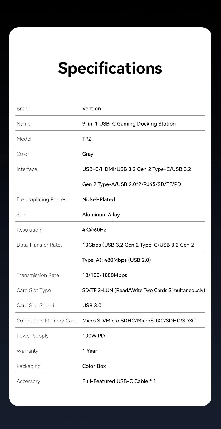 Vention USB-C priklopna postaja za Steam Deck | HDMI 4K pri 60Hz, USB 3.2 10Gbps, RJ45, SD/TF, igralno zvezdišče za več naprav