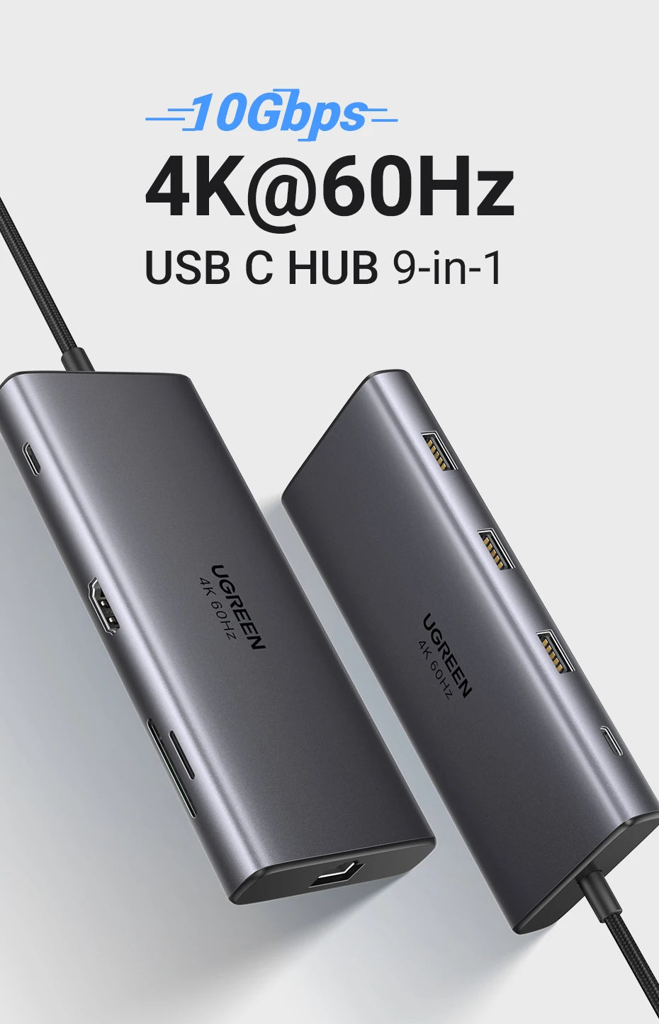 UGREEN 9‑in‑1 USB‑C Hub with 4K60Hz HDMI, 10Gbps USB Ports, Gigabit Ethernet, PD100W