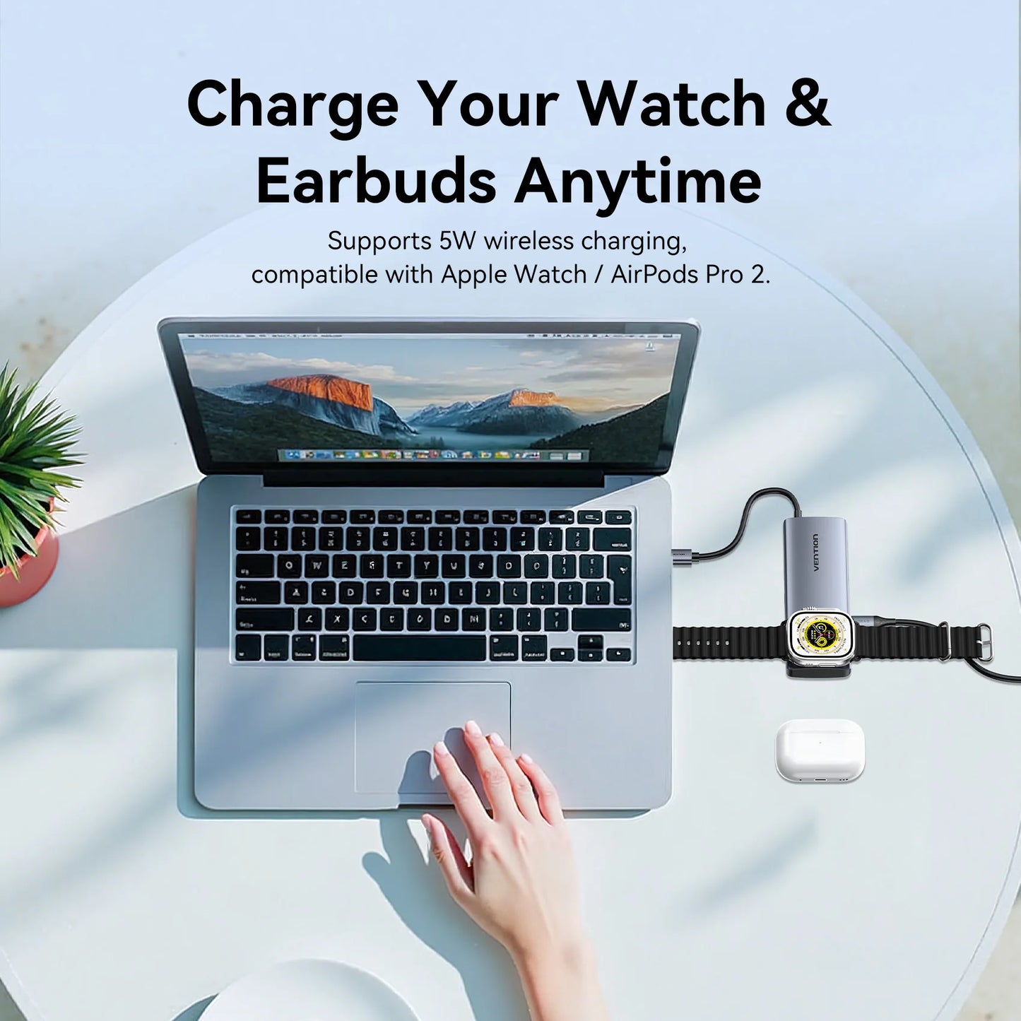 Vention USB‑C 6‑in‑1 Hub | 4K60Hz HDMI, PD 100W, USB 3.0, Apple Watch Wireless Charger