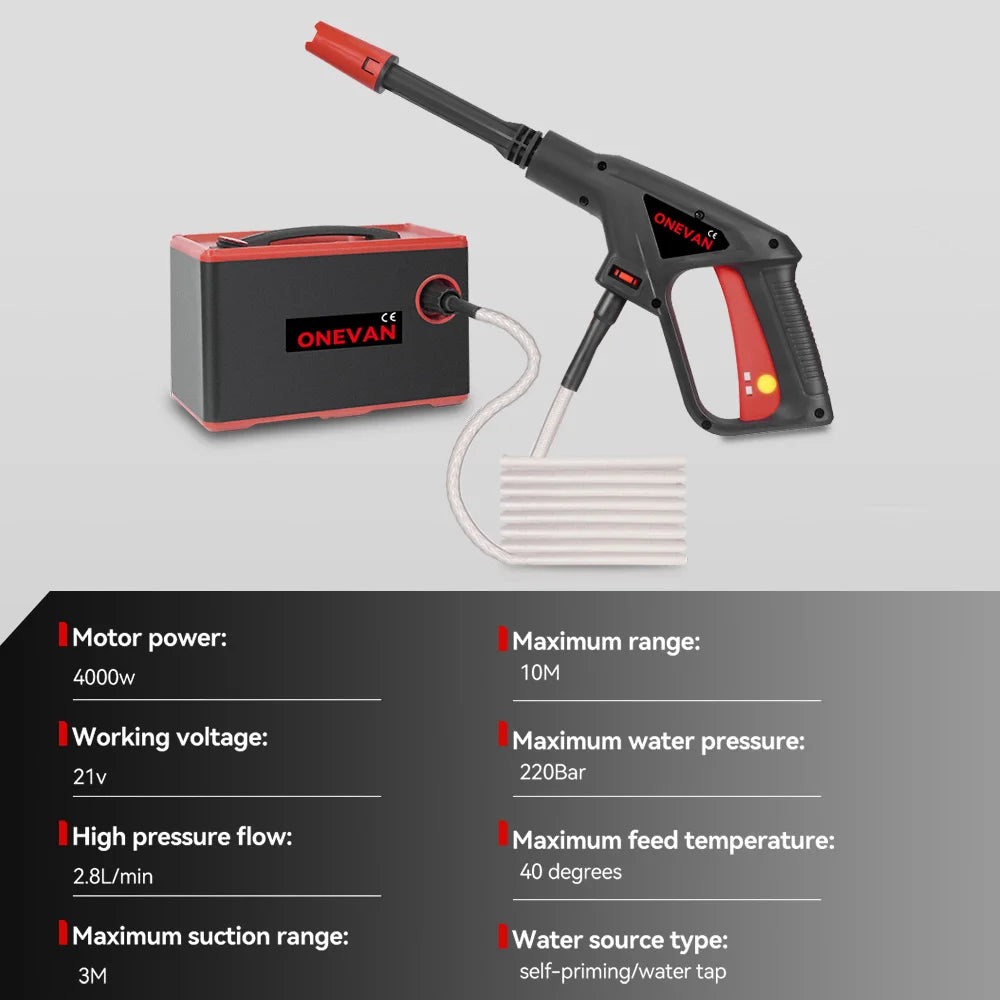 ONEVAN 4000W 220Bar High‑Pressure Washer | 2‑in‑1 Cordless Car & Garden Cleaner