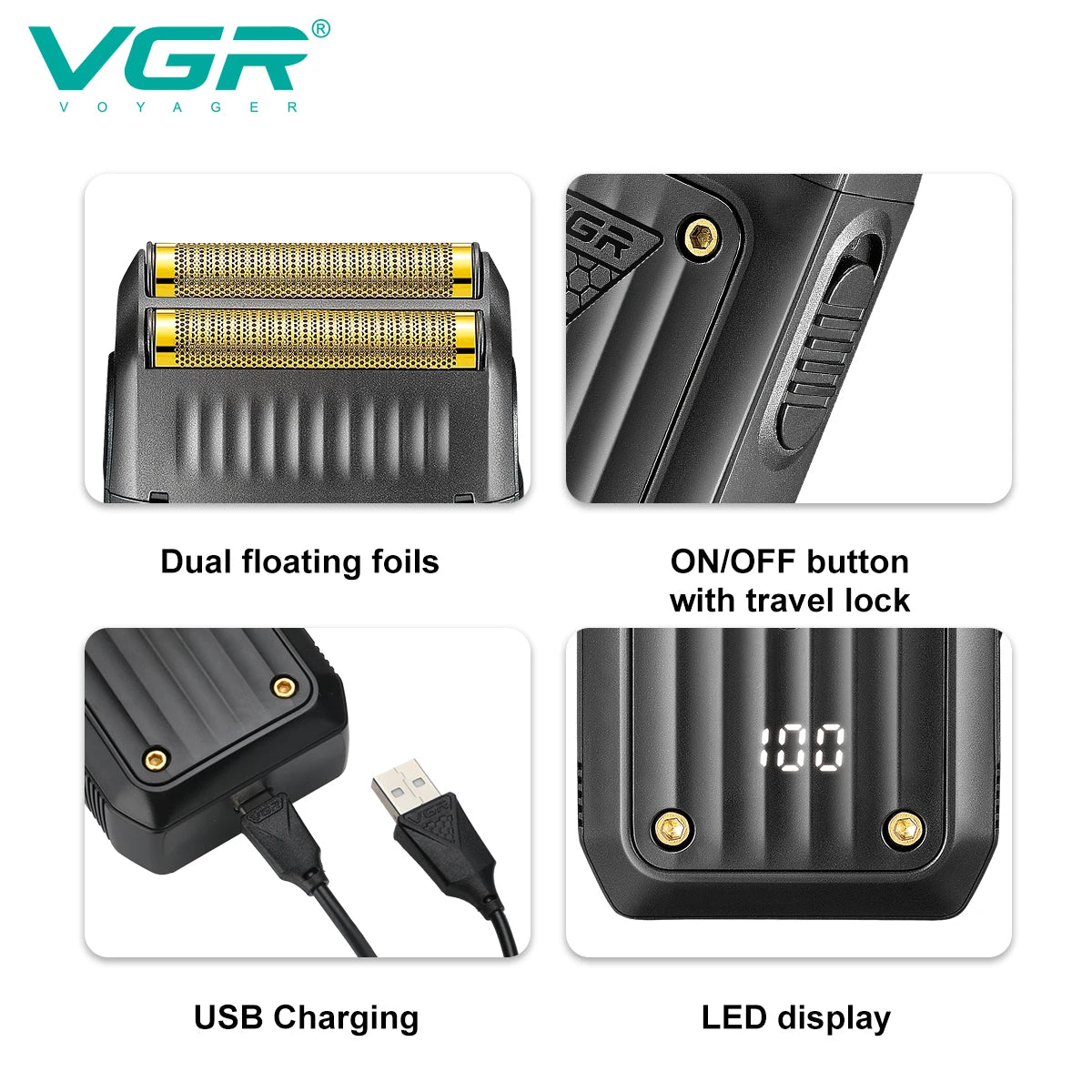 VGR Shaver Electric Razor Professional Beard Trimmer Rechargeable Razor Digital Display Razor Reciprocating Shaver for Man V-363