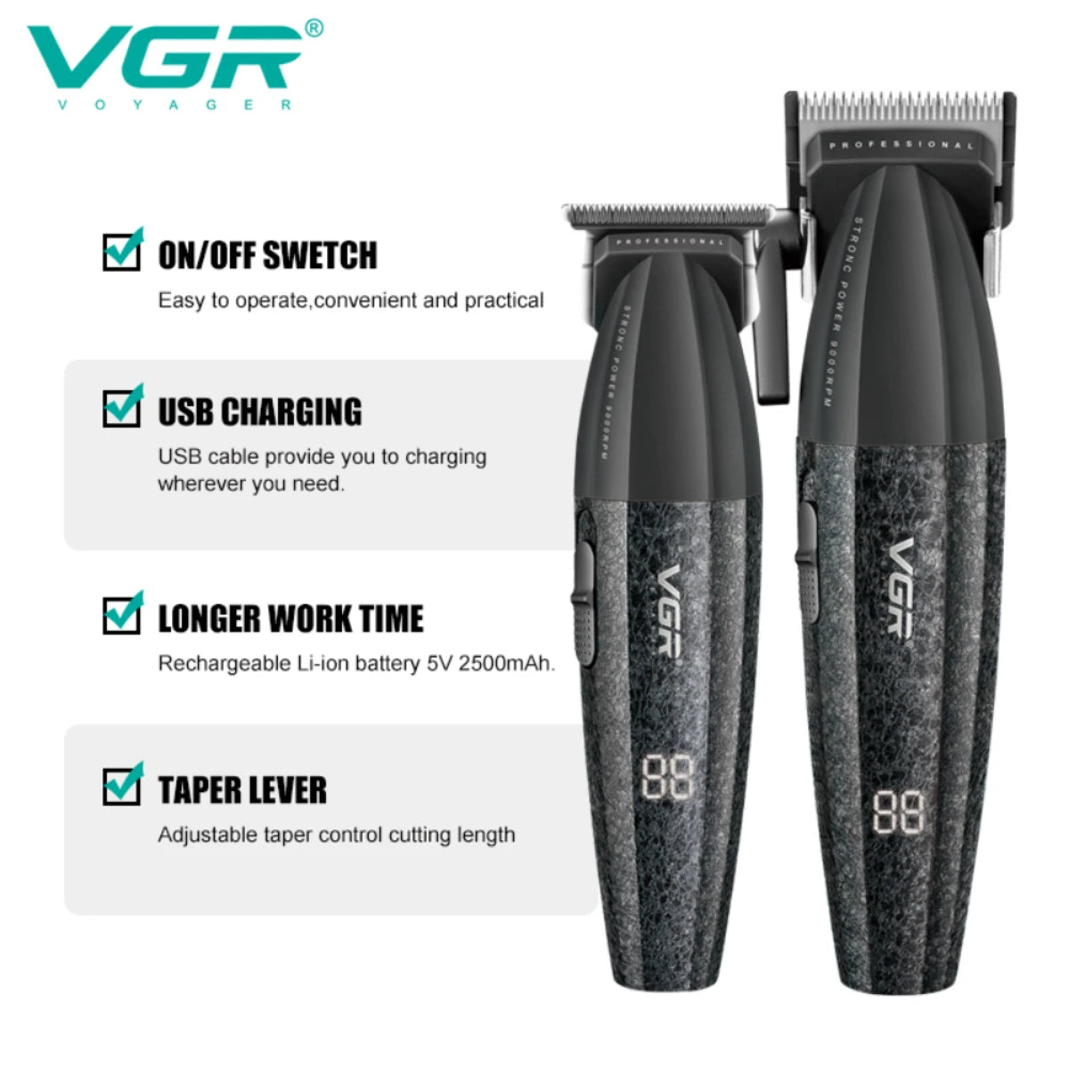 VGR Hair Trimmer Professional Hair Cutting Machine Cordless Beard Trimmer Barber Electric Hair Dryer Trimmer for Men V-640S4