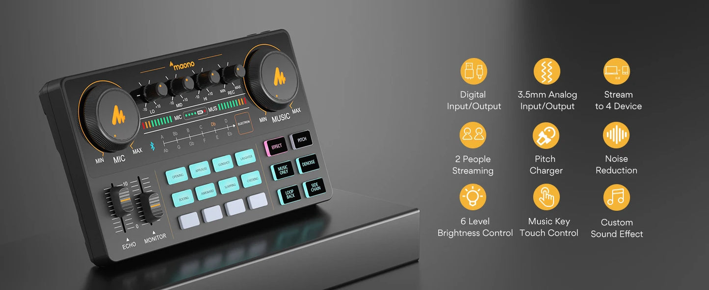 MaonoCaster AM200‑S1 – All‑in‑One Podcast Studio Audio Interface | Sound Card + Microphone Kit for Live Streaming, Recording, YouTube, PC & Phone